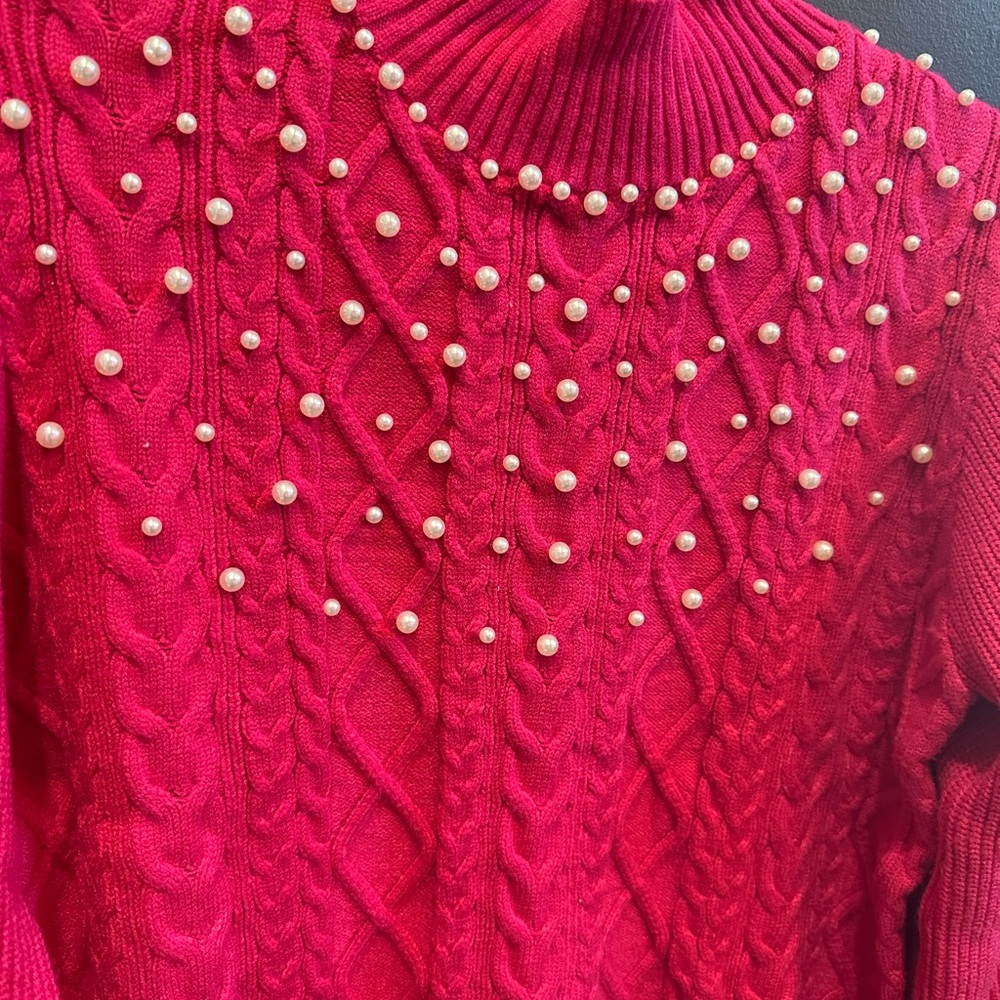 Hot Pink Mock Neck Sweater‎ with Pearl Accents | Medium | NWT - Picture 2 of 6